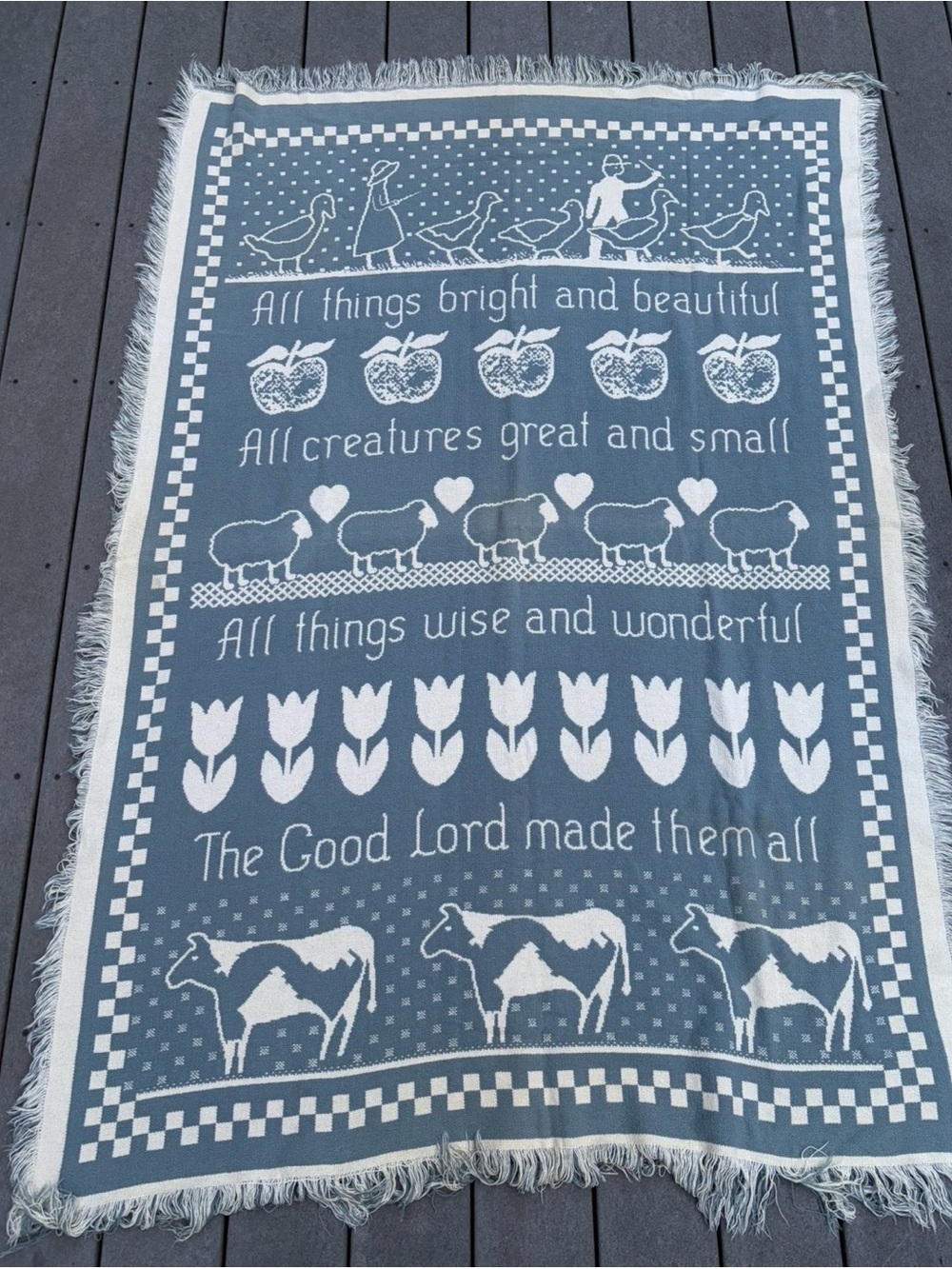 Vintage Tapestry Throw Blanket All Things Bright & Beautiful Country Farm Fringe